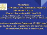 ΠΡΟΣΚΛΗΣΗ ΣΤΗΝ ΕΠΑΝΑΛΗΠΤΙΚΗ ΕΤΗΣΙΑ ΤΑΚΤΙΚΗ ΓΕΝΙΚΗ ΣΥΝΕΛΕΥΣΗ ΤΟΥ Δ.Σ.Ι. ΤΗΝ ΠΑΡΑΣΚΕΥΗ στις 10.9.2020 ώρα 12:30 μέσω τηλεδιάσκεψης στην πλταφόρμα της Ολομέλειας !